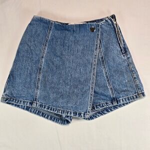 Stradivarius Blue Denim Wrap Front Skort Side Zip Mini Shorts Size 2 34